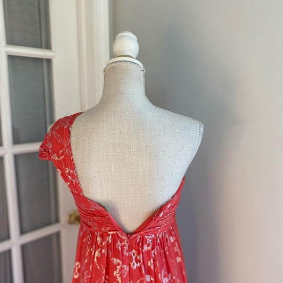 Nicole Miller Coral Pink Metallic Silk Brocade One Shoulder Gown - Picture 6 of 8